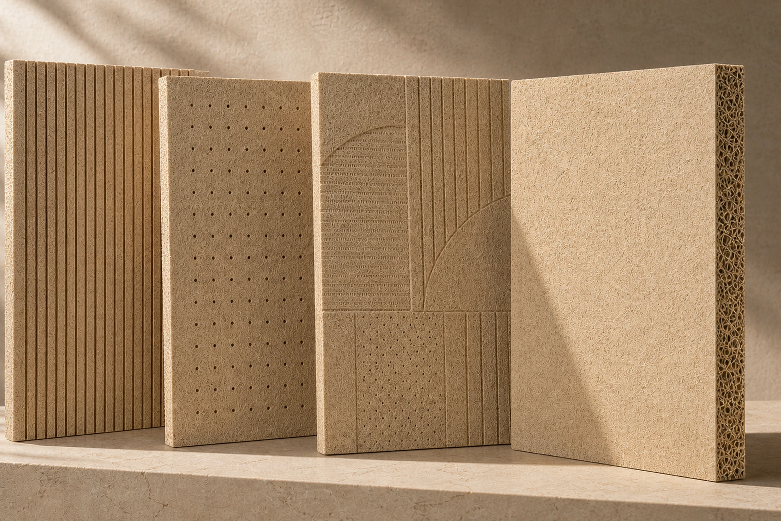 Standalone HyphaTex acoustic panels with grooved and perforated surfaces