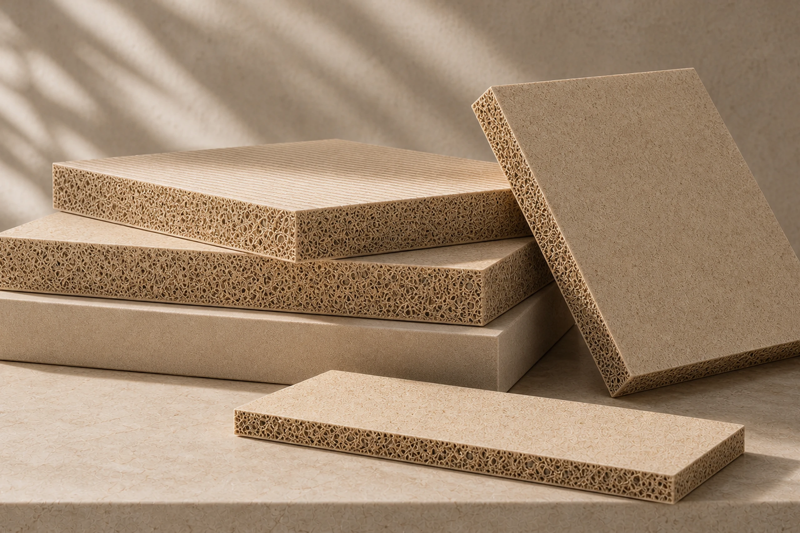 Stacked HyphaTex ceiling and furniture boards