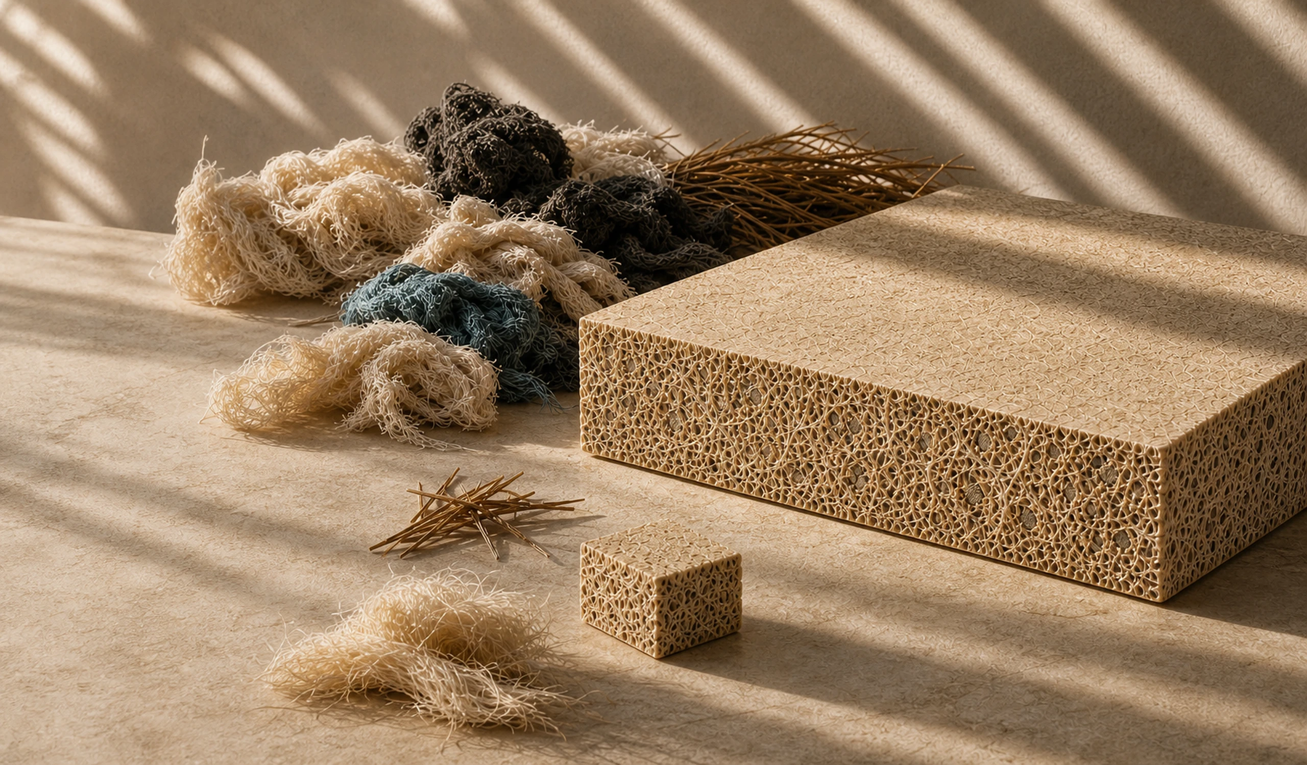HyphaTex engineered panel made from recovered fibers and mycelium